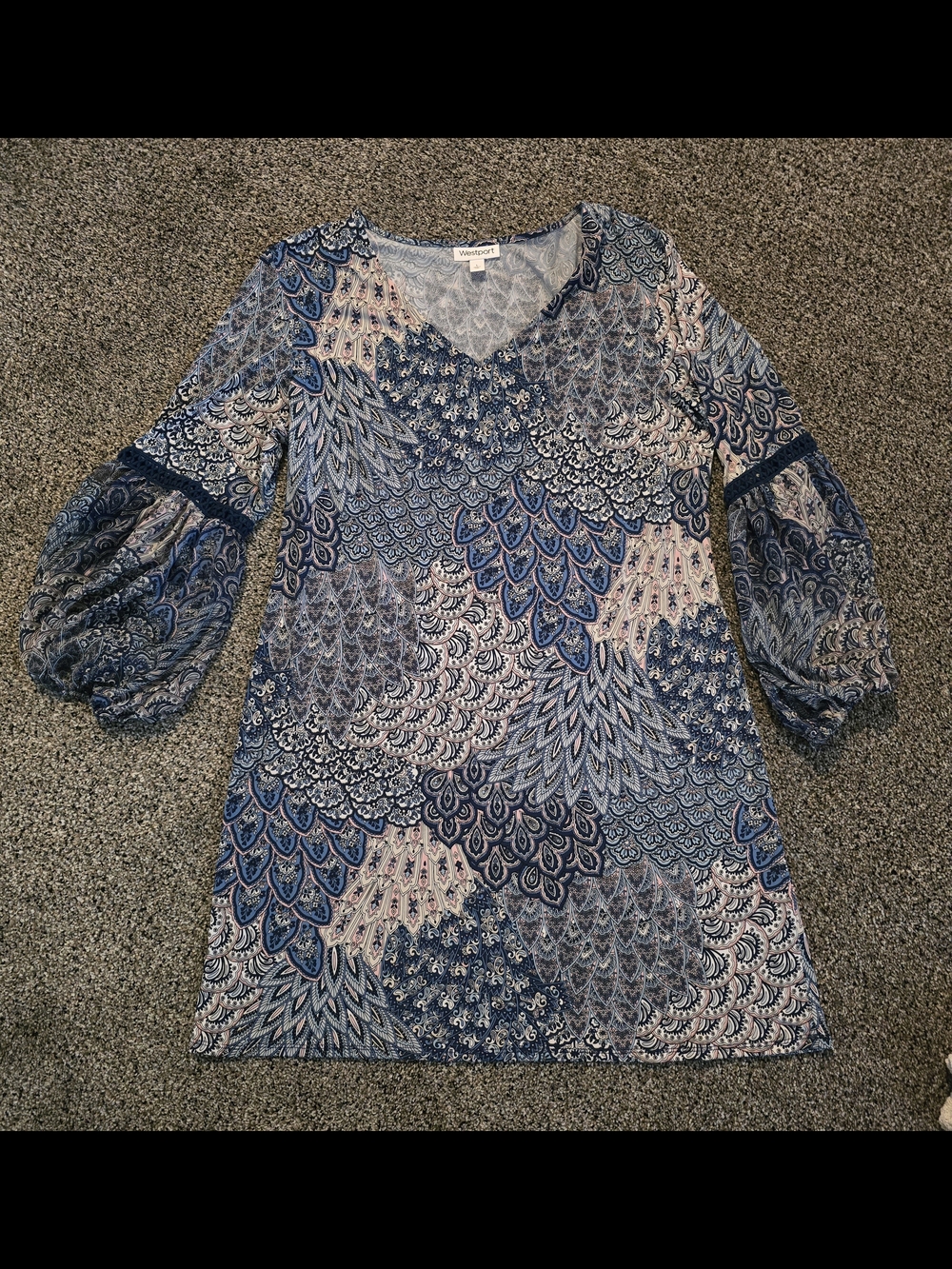 Westport 1962 Boho Blue Peacock Shift Dress Lace Detail Flare Sleeve Size L EUC